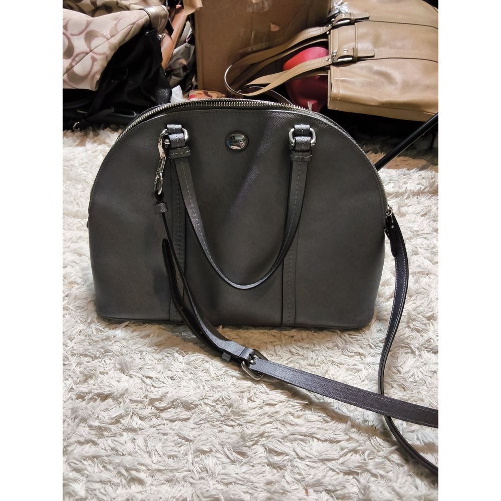 95.Coach Cora Domed Satchel Metallic Grey Leather Handbag F25671